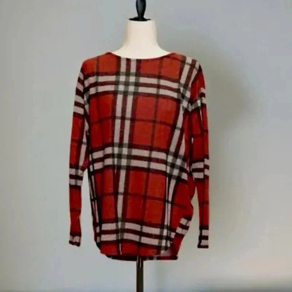 FIRST LOVE Autumn Rust Plaid Knit Long Sleeve Oversized Light Sweater Top - Picture 7 of 10